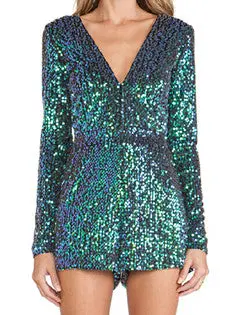 Party Queen ~ Women's Sexy Green Blue Gradient Shinning Sequins V Neck Long Sleeve Slim Fit Mini Short Jumpsuits Romper 1