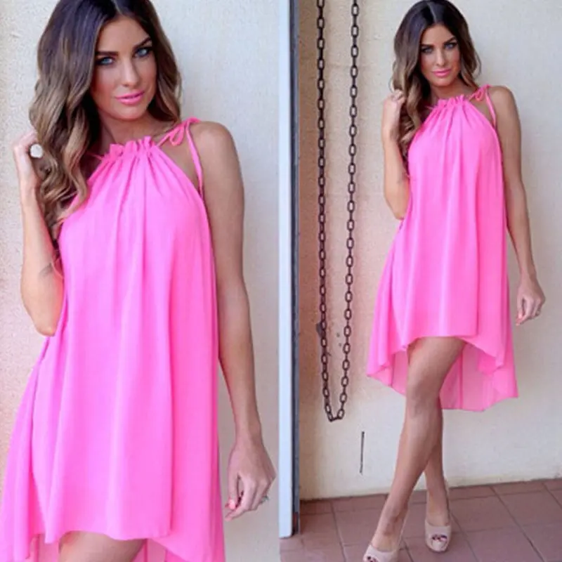 Party Vestido Women Sleeveless Chiffon Dress Beach Boho Irregular Dresses Plus Size Xl Casual Robe Pink 2