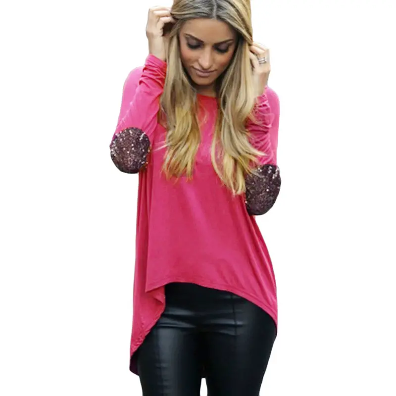 Patchwork Elbow-Sleeve T-Shirt – Asymmetrical Hem Solid Top for Women