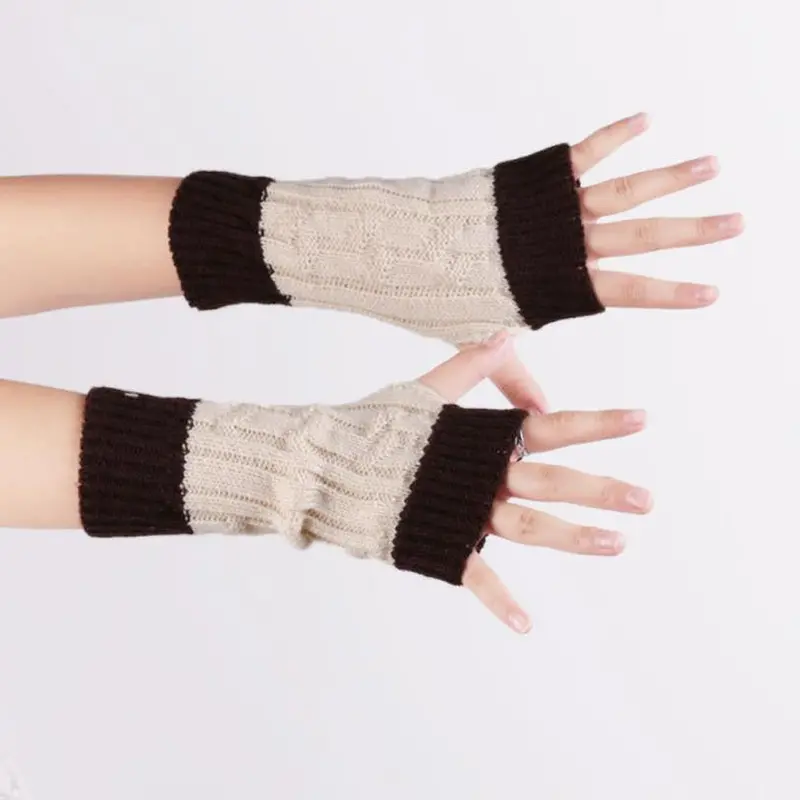 Patchwork Hand Long Mitten Gloves Women Knitted Wrist Arm Fingerless Gloves Unisex Soft Keep Warm 1