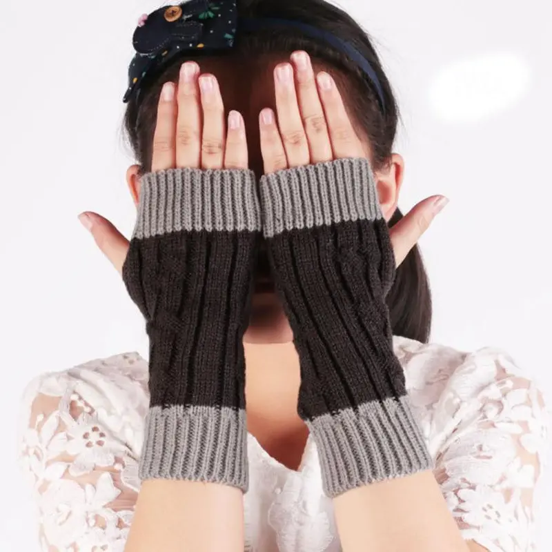 Patchwork Hand Long Mitten Gloves Women Knitted Wrist Arm Fingerless Gloves Unisex Soft Keep Warm 3
