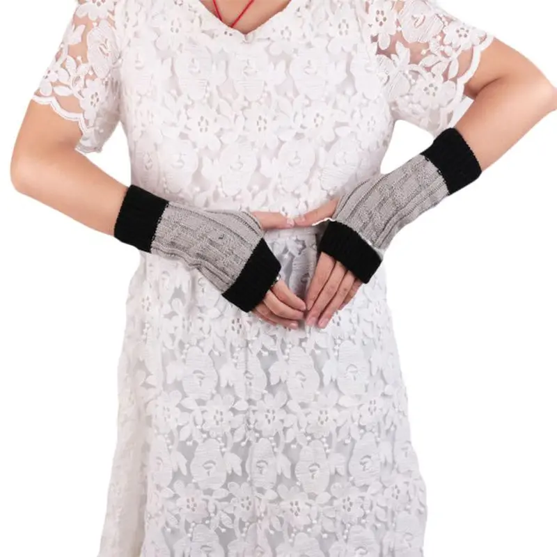 Patchwork Hand Long Mitten Gloves Women Knitted Wrist Arm Fingerless Gloves Unisex Soft Keep Warm 4