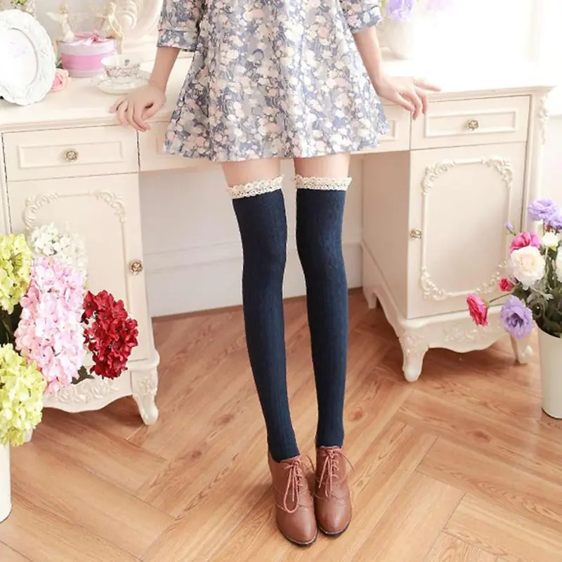 Patchwork Pair Of Full Cotton Sexy High Over The Knee Socks Long Flower Side Stockings For Girls Ladies 4