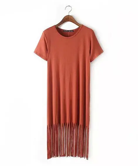 Patchwork Tassel Dress Women Fringed Hem Knitted Cotton O Neck 1