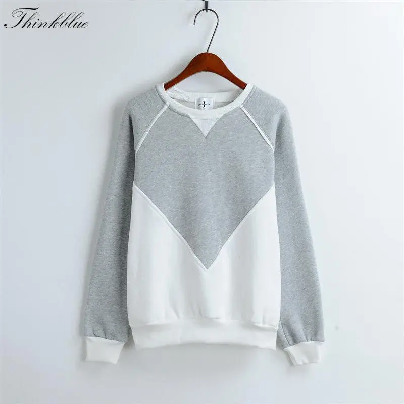 Patchwork Women Hoodies Long Sleeve Fleece Thick Casual Hoody O Neck Sport Tracksuit Pullover Sweatshirt 1
