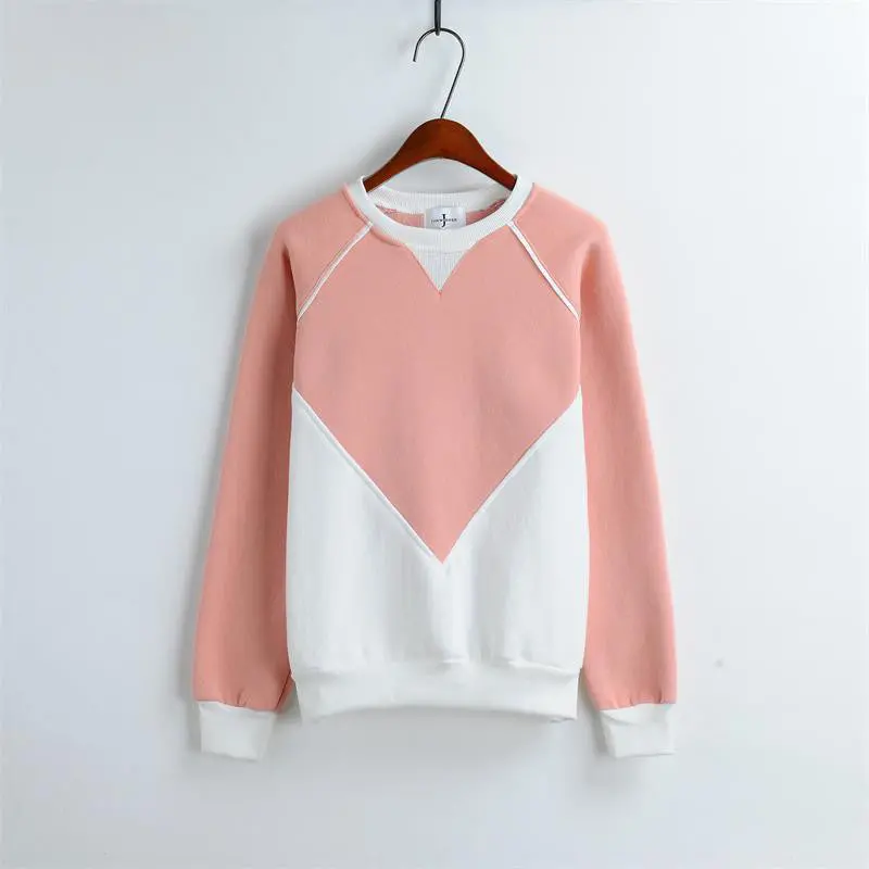 Patchwork Women Hoodies Long Sleeve Fleece Thick Casual Hoody O Neck Sport Tracksuit Pullover Sweatshirt 2