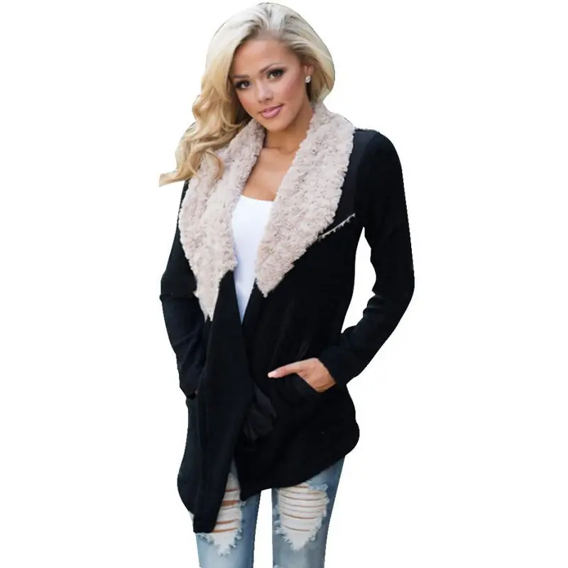 Patchwork Women's Fur Collar Outwear Cardigan Coat Black 1