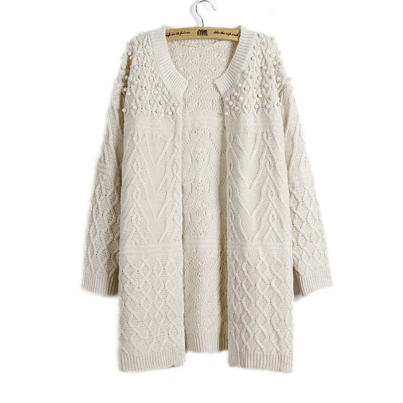 Pearls Beaded Women Long Cardigan Women's Knitted Sweater Cardigan Femme Thick Warm Long Cardigan 1