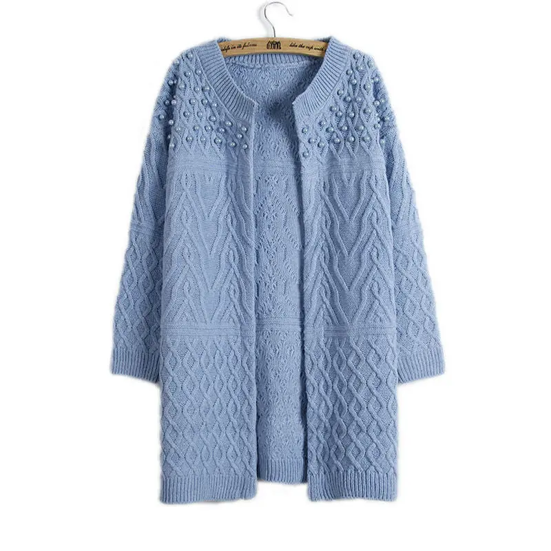 Pearls Beaded Women Long Cardigan Women's Knitted Sweater Cardigan Femme Thick Warm Long Cardigan 2