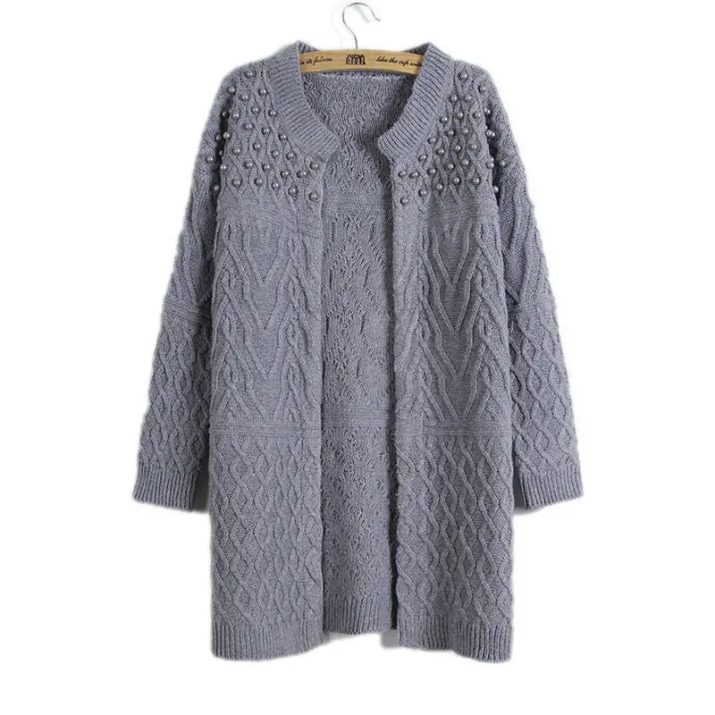 Pearls Beaded Women Long Cardigan Women's Knitted Sweater Cardigan Femme Thick Warm Long Cardigan 3