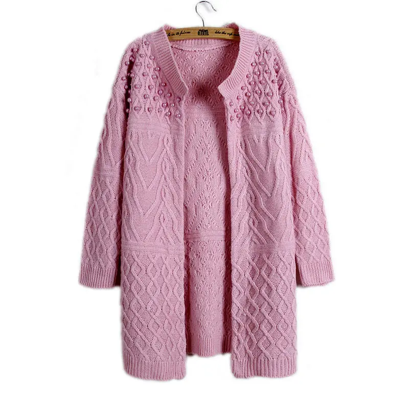 Pearls Beaded Women Long Cardigan Women's Knitted Sweater Cardigan Femme Thick Warm Long Cardigan 4