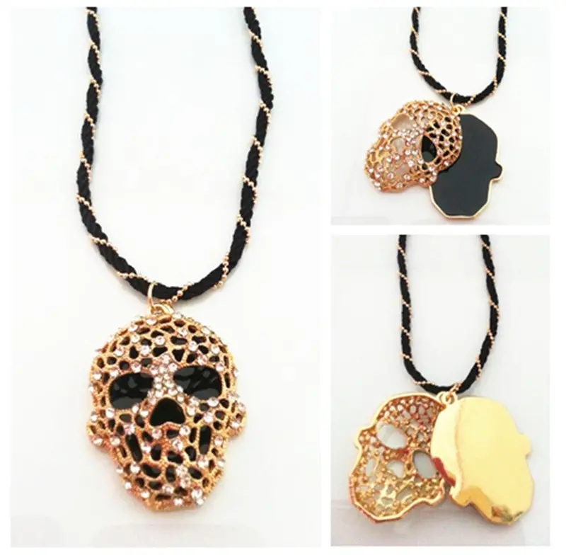 Personality Gold Alloy Jewelry Crystal Skeleton Black Necklace With Pendants Double Side Skull 1