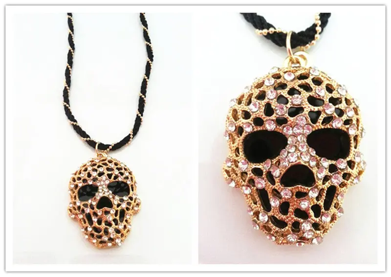 Personality Gold Alloy Jewelry Crystal Skeleton Black Necklace With Pendants Double Side Skull 2