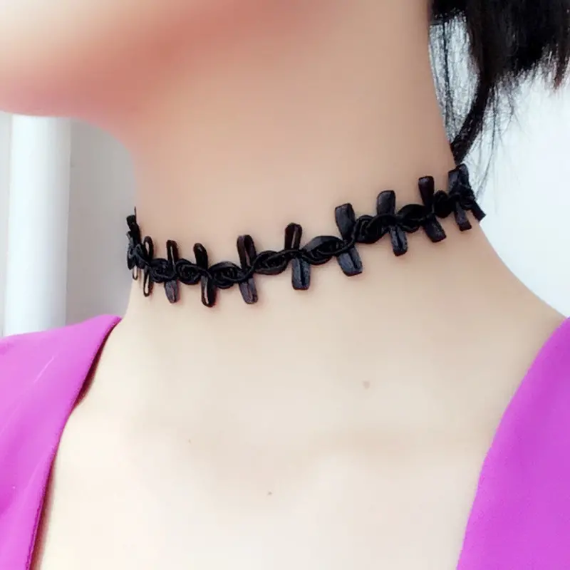 Personalized Chic Black Lace Side Flower Necklace Choker Rope Collier Tube False Choker Collar Necklace For Women Feida 1