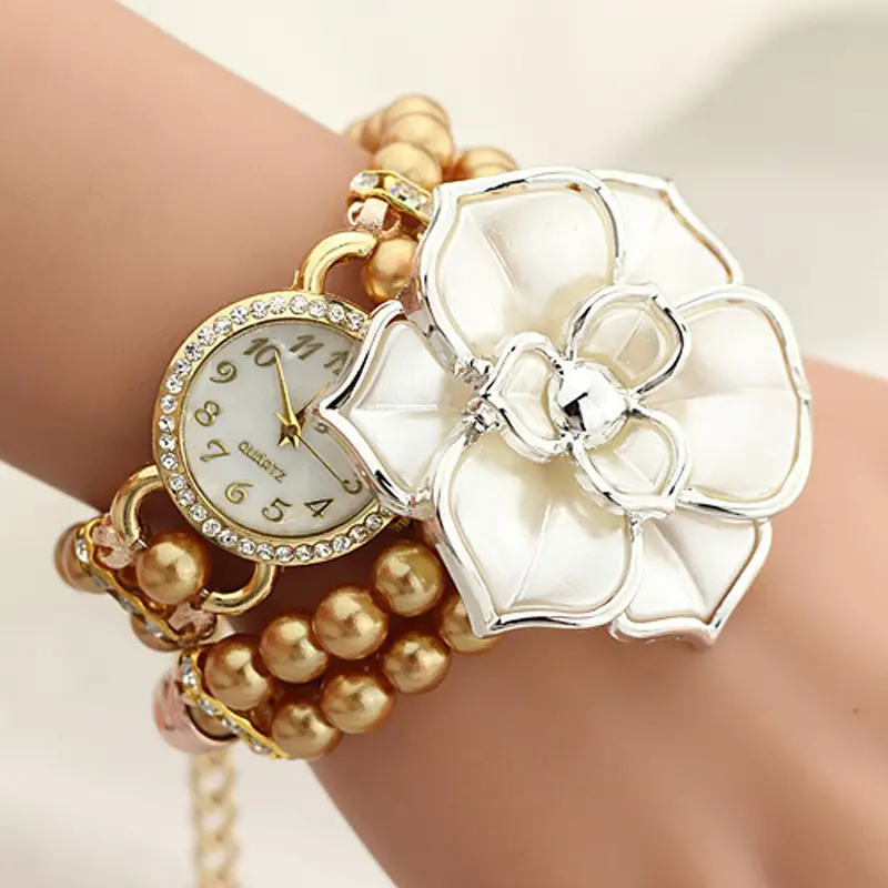Personalized Flowers Pearl Wrapped Bracelet Watch Ladies Girl Students Watch Montre Feida 1