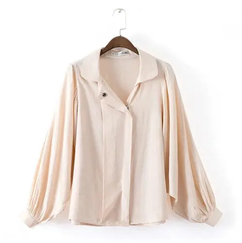 Peter Pan Collar Puff Sleeve Cotton Shirt Retro Women Covered Buttons Long Sleeve Casual Blouse Femme Loose Tops 1