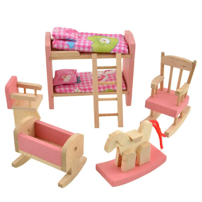 Pink Bathroom Furniture Bunk Bed House Wood Miniature Furniture For Kids Play Toy Wooden Furniture For Dolls 1