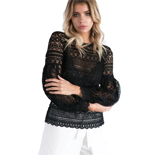 Pink Black White Sexy Hollow Out Lace Blouse Transparent Lantern Sleeve Crochet Women Tops Long Sleeve Lace Shirts Women 1