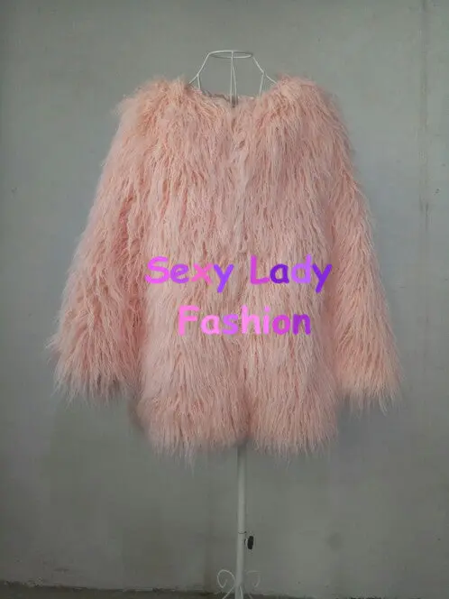 Pink Faux Sheep Fur Coat 4 Inches Long Hairy Long Sleeve Shaggy Outwear Women Warm Mid Long Coat Tops 1