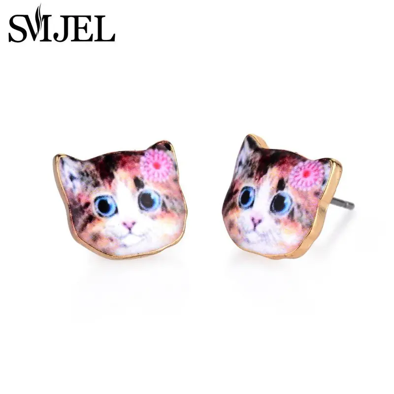 Pink Flower Cat Stud Earrings Enamel Kiitten Post Jewelry Animal Pet Earrings Kitty Earrings Oed073 2