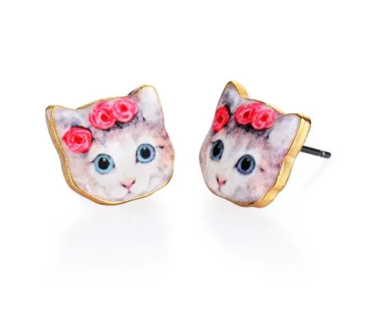 Pink Flower Cat Stud Earrings In Enamel Kiitten Post Jewelry Animal Pet Earrings Love Gift Idea Oed072 1