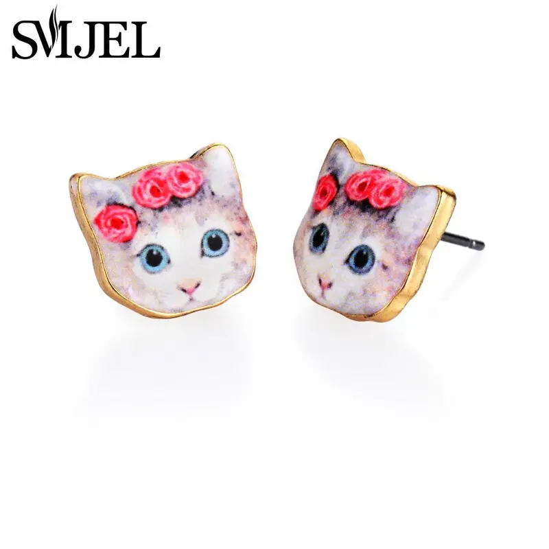 Pink Flower Cat Stud Earrings In Enamel Kiitten Post Jewelry Animal Pet Earrings Love Gift Idea Oed072 2