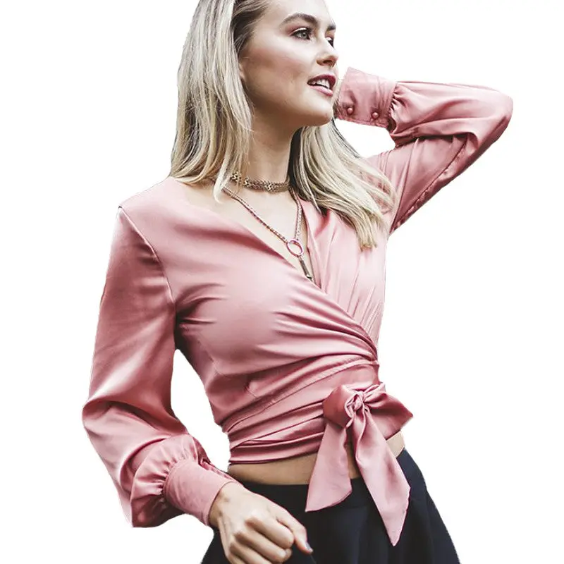 Pink White Women Blouses And Shirts Sexy V Neck Satin Blouse Women Tops Lantern Sleeve Bow Lacing Ladies Office Shirts 3