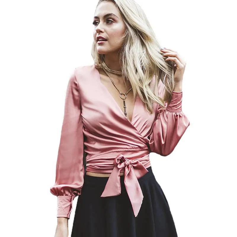 Pink White Women Blouses And Shirts Sexy V Neck Satin Blouse Women Tops Lantern Sleeve Bow Lacing Ladies Office Shirts 4