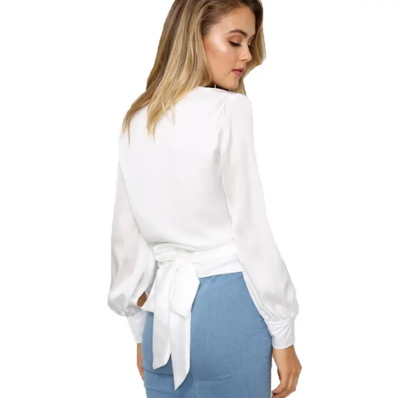 Pink White Women Blouses And Shirts Sexy V Neck Satin Blouse Women Tops Lantern Sleeve Bow Lacing Ladies Office Shirts 8