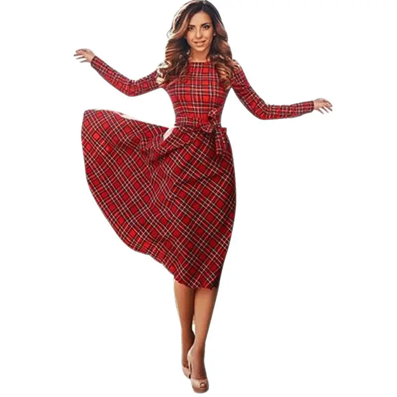 Plaid Dress Women Casual Red Plaid Long Sleeve Waisted Party Dress 1