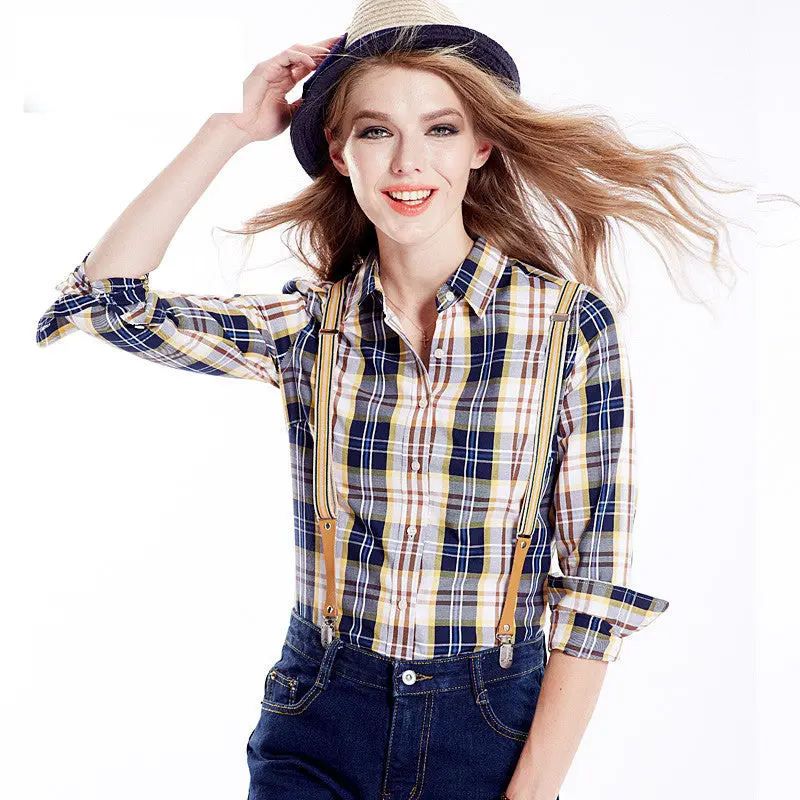 Plaid Long-Sleeve Cotton Blouse for Women – Springtime Formal or Smart-Casual Top