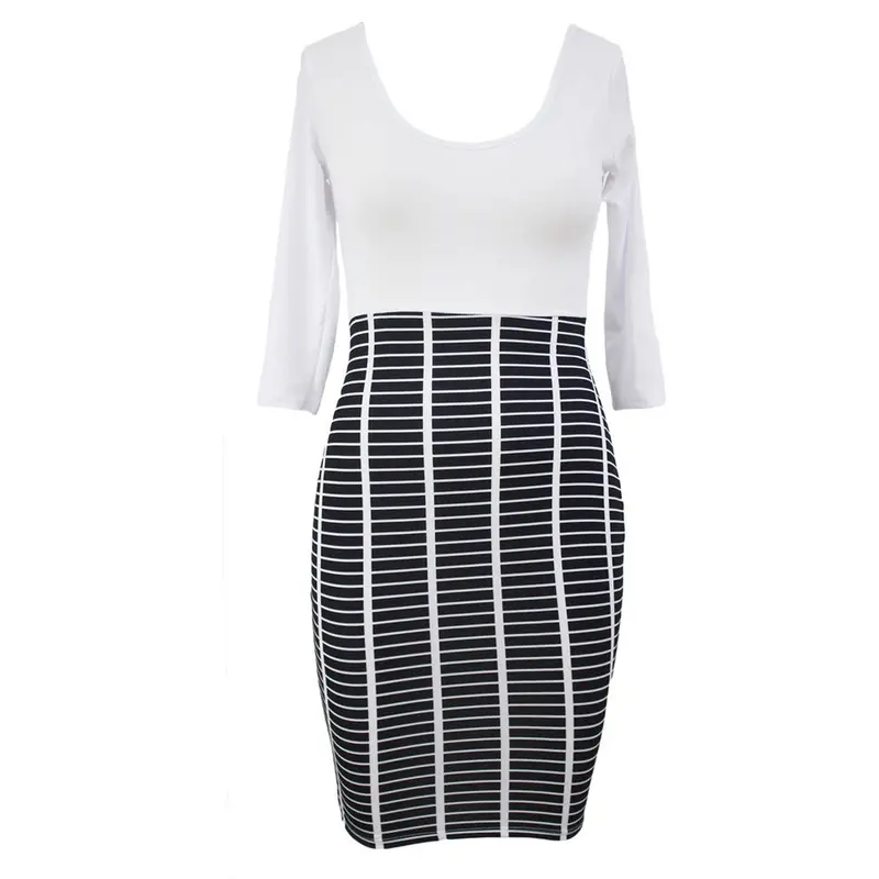 Plaid Print Patchwork Casual Dress For Three Quarter Sleeve Bodycon Dress Knee Length O Neck Midi Dress 5