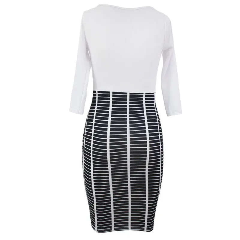Plaid Print Patchwork Casual Dress For Three Quarter Sleeve Bodycon Dress Knee Length O Neck Midi Dress 6