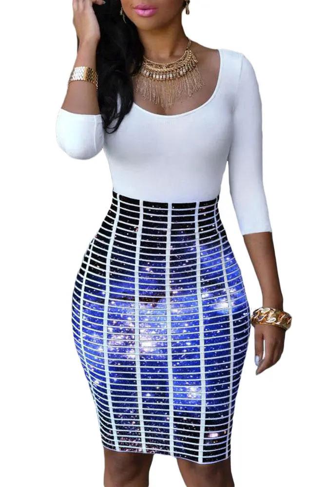 Plaid Print Patchwork Casual Dress For Three Quarter Sleeve Bodycon Dress Knee Length O Neck Midi Dress 8