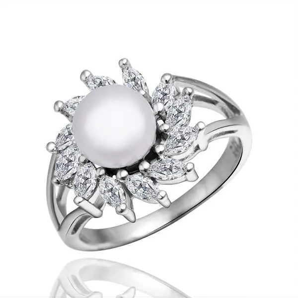 Platinum Plated Simple Zircon Simulated Pearl Wedding Ring Jewelry Rings Nplr 1 1