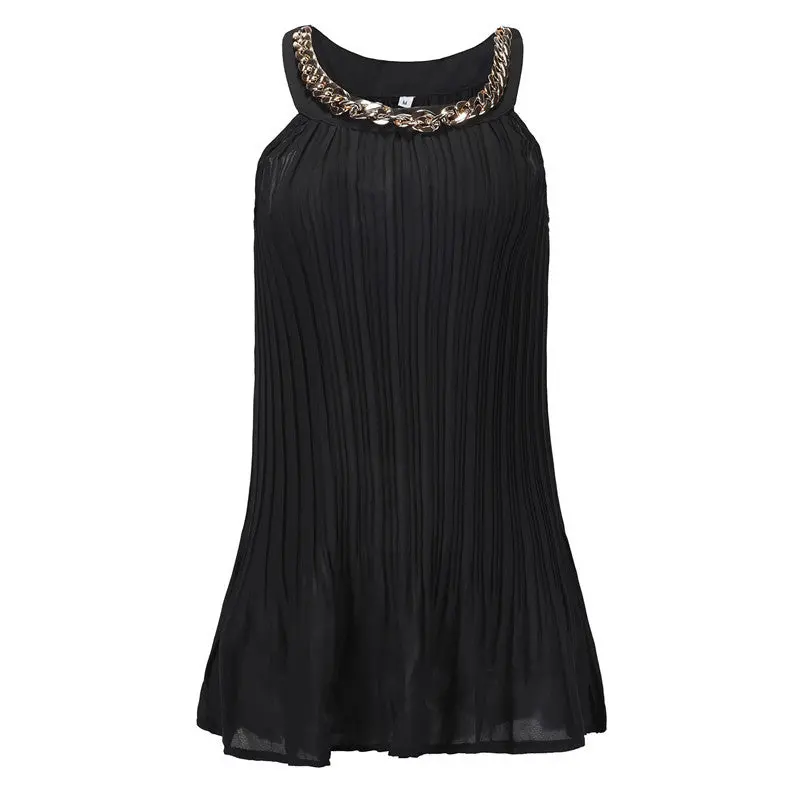Pleated Chiffon Blouse Women Tops With Metal Chain Casual Sleeveless Tank Top Plus Size Shirts Women Blusa 1