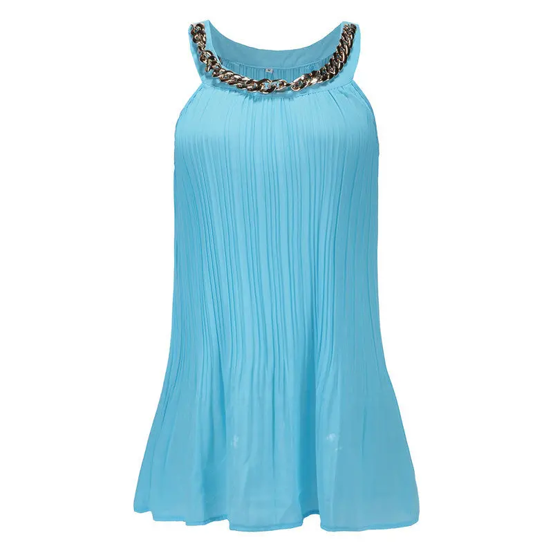 Pleated Chiffon Blouse Women Tops With Metal Chain Casual Sleeveless Tank Top Plus Size Shirts Women Blusa 5