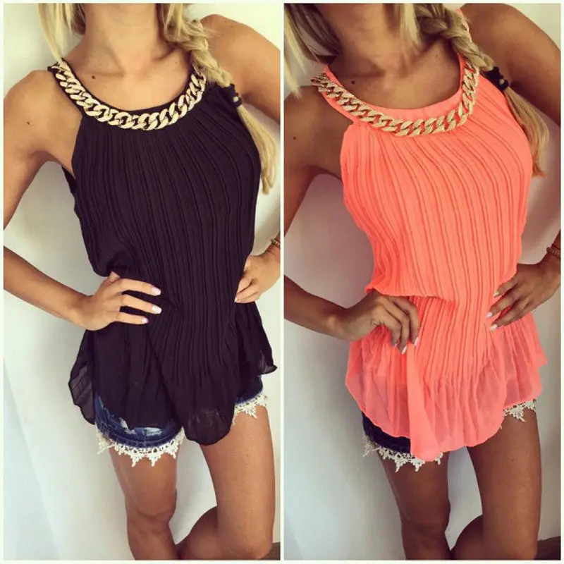 Pleated Chiffon Blouse Women Tops With Metal Chain Casual Sleeveless Tank Top Plus Size Shirts Women Blusa 5