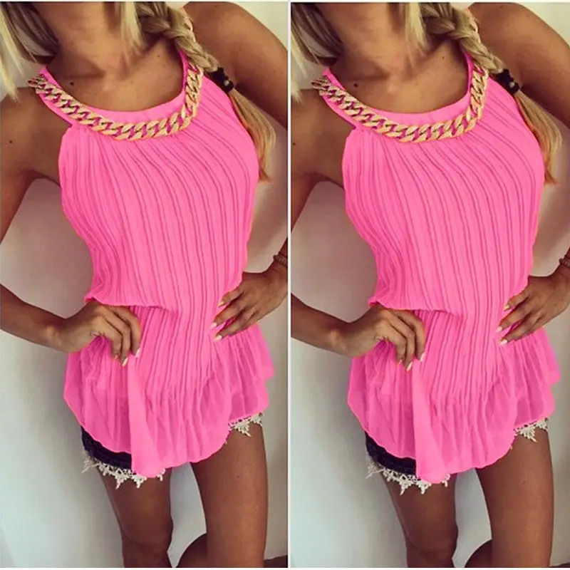 Pleated Chiffon Blouse Women Tops With Metal Chain Casual Sleeveless Tank Top Plus Size Shirts Women Blusa 6