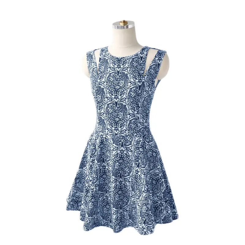 Pleated Mini Dress Floral Print Cut-Out Shoulder Zipper Back Sleeveless Cute Women Dress Vestido Curto Roupas Blue 1