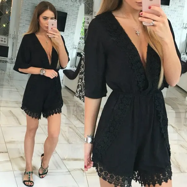 Plunging V-Neck Jumpsuits Rompers Shorts Women Lace Playsuits Casual Loose Plus Size Overalls Lace Playsuits Gv239 1