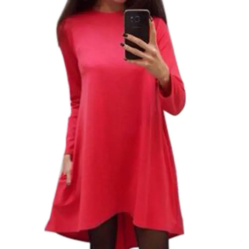Plus Size 4 Color Women Casual Solid Dress Popular Long Sleeve O-Neck Loose Dress Q0074 7