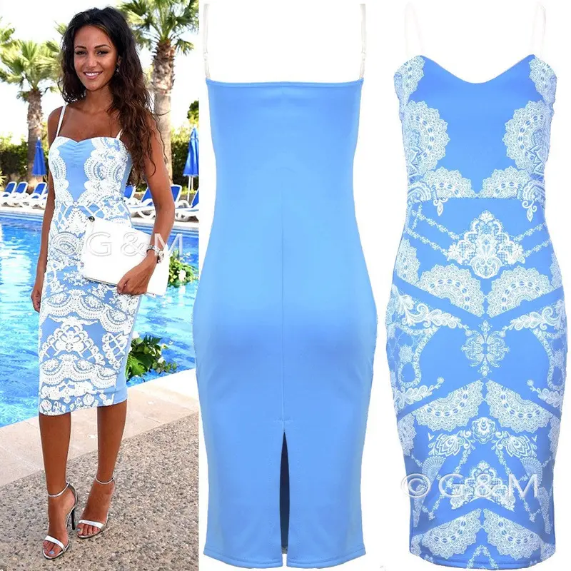 Plus Size Blue Spaghetti Strap Floral Dress Women Midi Dress Bandage Party Dresses Casual Dress 1