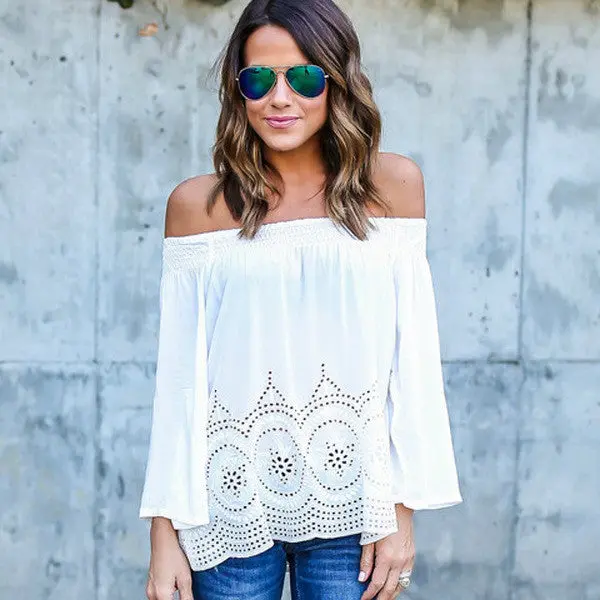 Plus Size Blusas Shirts Women Off Shoulder Slash Neck Blouse Shirt Sexy Patchwork Hollow Out Women Loose Blouse Tops X0318 1
