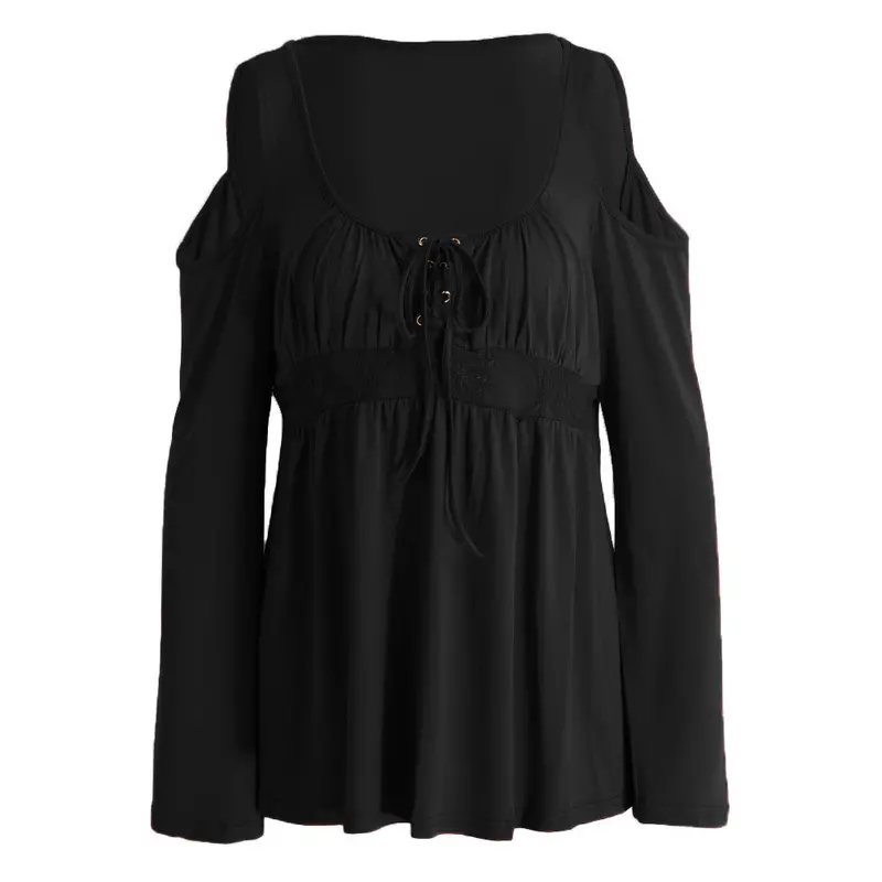 Plus Size Fashion T Shirt Women Cold Shoulder Lace-Up Shirt V Neck Long Sleeve Camisass Casual Shirt T-Shirt Tops 1