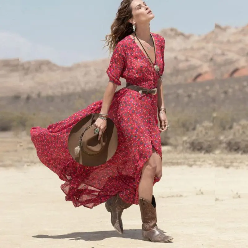 Plus Size L Women Boho Dress Sexy Chiffon Floral Beach Dresses Party Beach Long Maxi Dress Elbise Without Belt 1