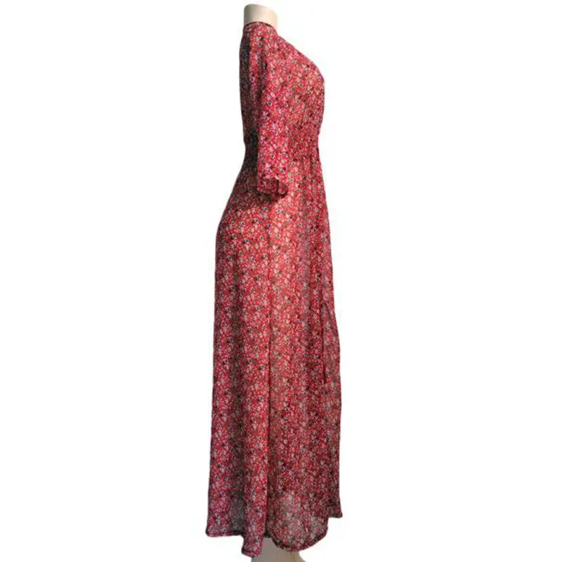 Plus Size L Women Boho Dress Sexy Chiffon Floral Beach Dresses Party Beach Long Maxi Dress Elbise Without Belt 4
