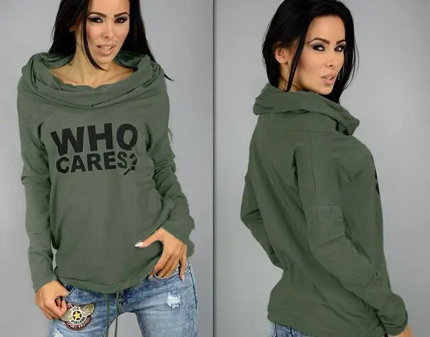 Plus Size Letter-Print Hoodie – ‘Who Cares’ Graphic Long-Sleeve Casual Sweatshirt