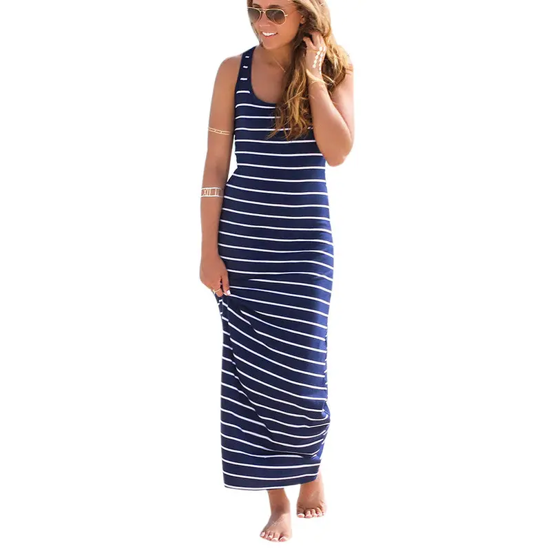 Plus Size Long Dress Women Sleeveless Striped Loose Long Dress Beach Party Casual Sundress Womens Clothing Feida 4