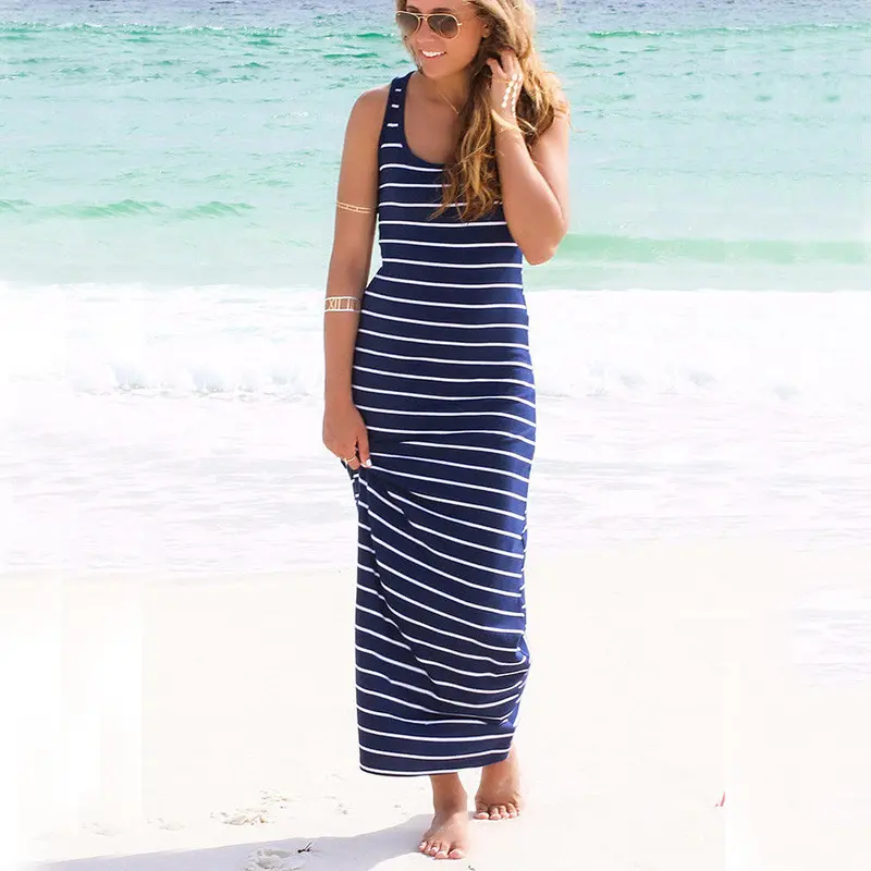 Plus Size Long Dress Women Sleeveless Striped Loose Long Dress Beach Party Casual Sundress Womens Clothing Feida 5